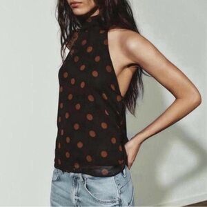 Zara Black Sleeveless High-Neck Tank with Brown Polka Dots
